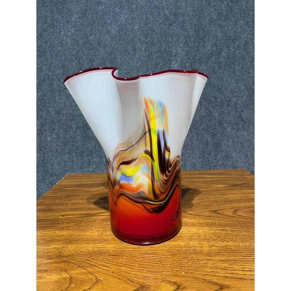 VTG Murano Style Hand Blown Cased Glass Handkerchief Vase Red White Multi Swirl‎